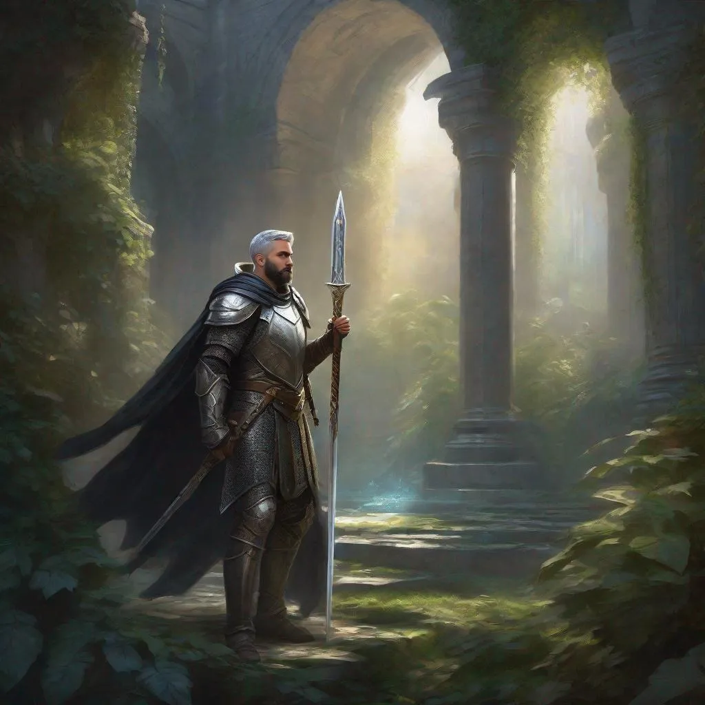 Prompt: (Full body) a cleric with short beard grey short-cut hair, big shiny magical armor, holding a sword, standing in a dark overgrown temple ruin, fantasy setting, dungeons & dragons, in a painted style realistic art