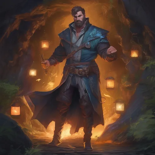 Prompt: (Full body) male stocky handsome muscular warlock with short-cut hair and beard, casting a swirly magic spell, in a forest cave at night pathfinder, d&d setting, in a realistic high quality digital art style