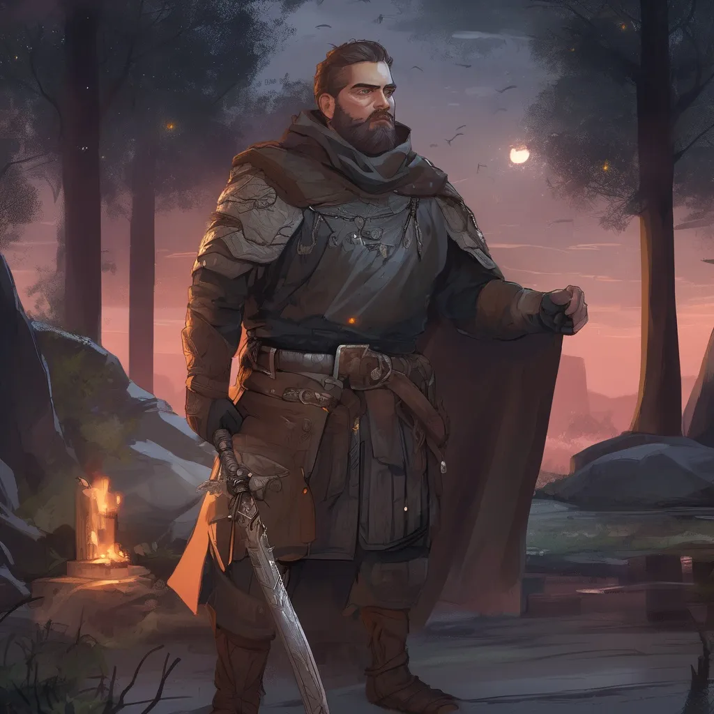 Prompt: (Full body) male stocky inquisitor with short hair and beard, big arms, in nature at night, pathfinder, d&d setting, in a realistic digital art style