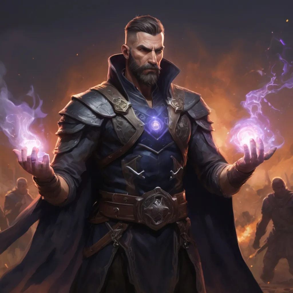 Prompt: Male stocky mature muscular illusionist with short-cut hair and beard, on a battlefield, in combat, Casting a spell, pathfinder, d&d setting, in a realistic high quality digital art style, enhanced shadow quality, colorful