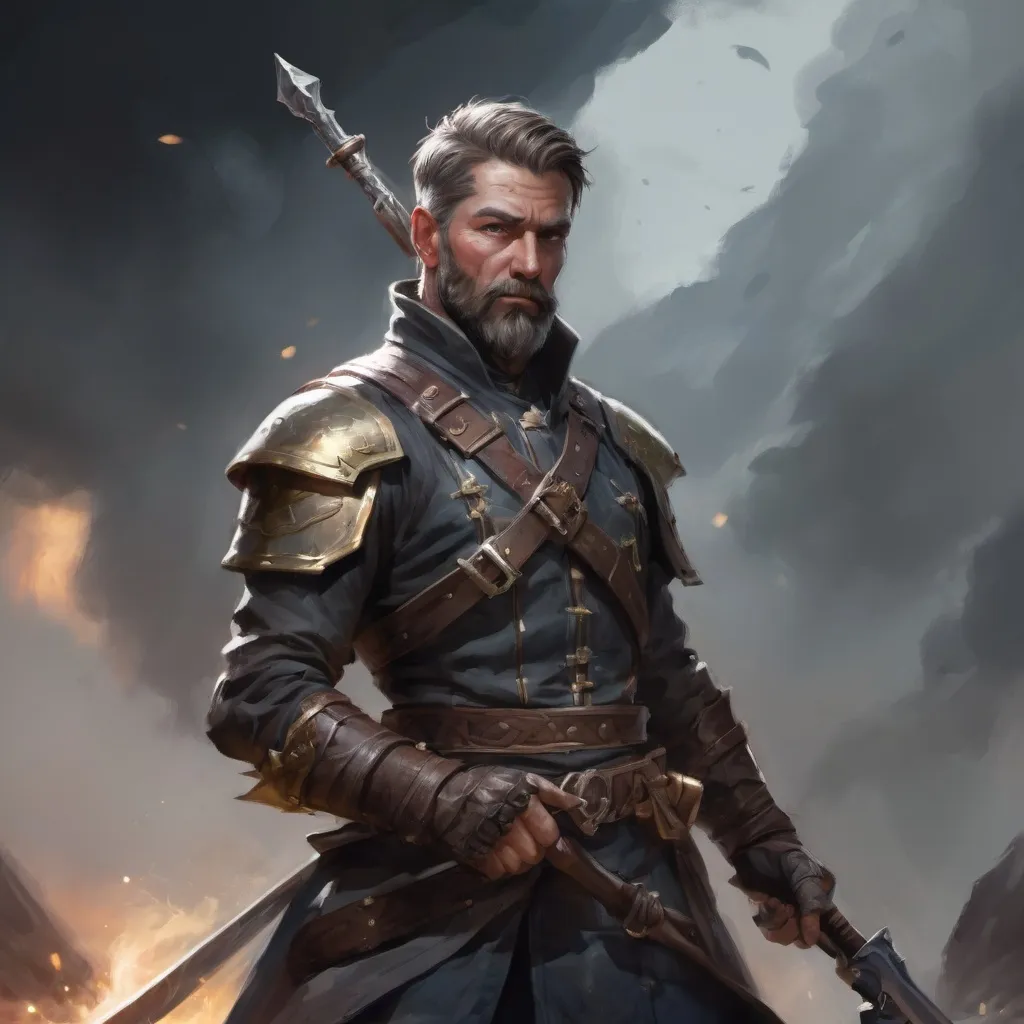 Prompt: (torso) Male heavy-set mature fit magical halbardier with short-cut hair and beard, holding fantasy-weapon, in movement, in a windy battlefield, pathfinder, d&d setting, enhanced shadow quality
