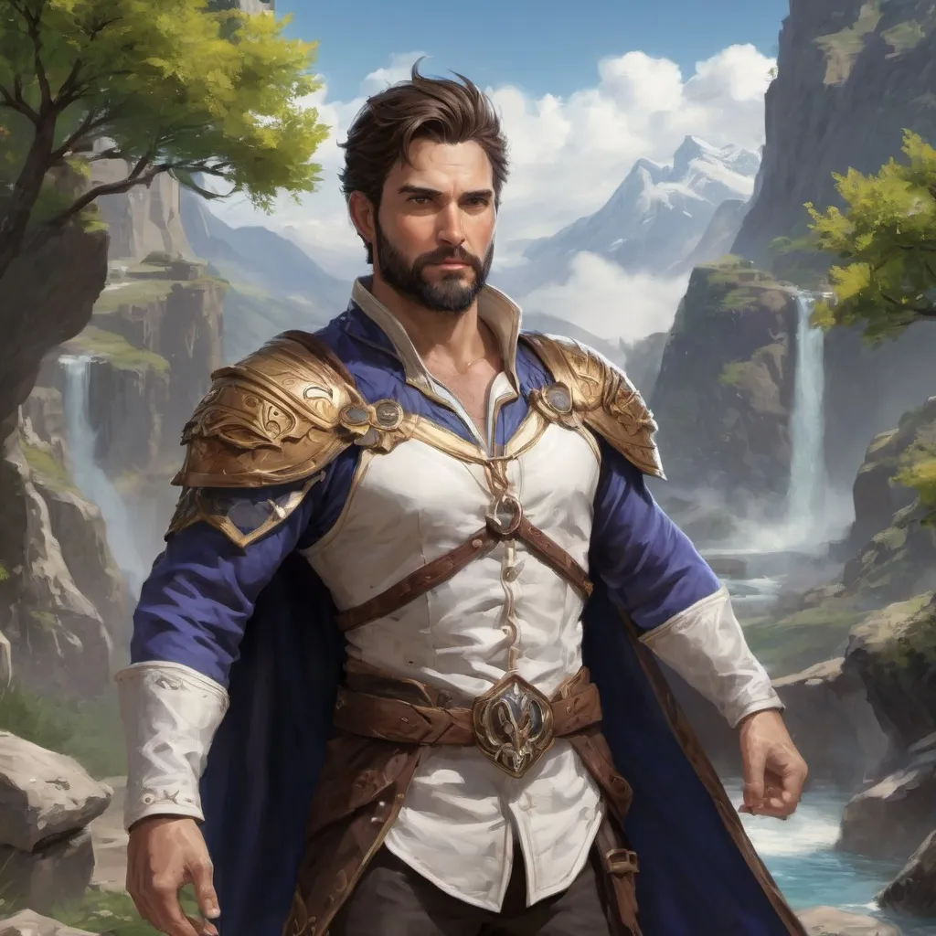Prompt: male stocky heavy-set royal summoner with short-cut hair and beard, open shirt hairy chest, casting swirly bright spell, in windy valley, pathfinder, d&d setting, realistic high quality, enhanced shadow quality