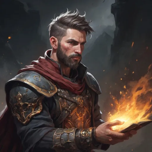 Prompt: (head and torso) Male heavy-set fit arcanist with short-cut hair and beard, holding magic-spell, in a windy battlefield, pathfinder, d&d setting, enhanced shadow quality