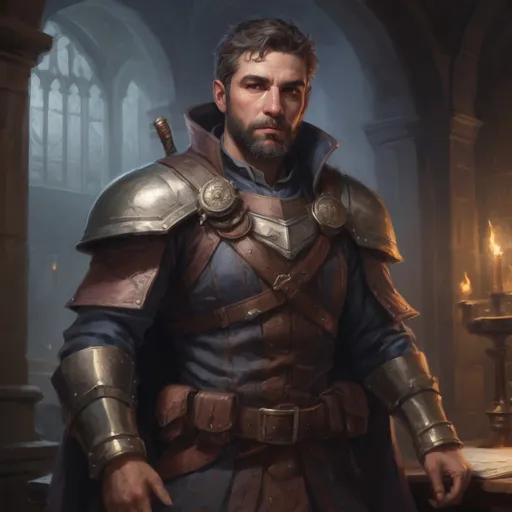 Prompt: Male stocky mature noble marksman, with short hair and beard, in a dark library in a castle, pathfinder, d&d setting, enhanced shadow quality,