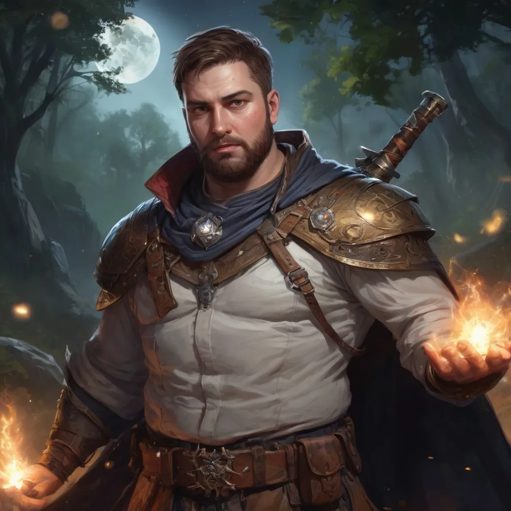 Prompt: Male stocky large fat templar with short-cut hair and beard, open shirt hairy chest, in combat casting a magic-ray out of hands in nature at night, pathfinder, d&d setting, in a realistic high quality digital art style, enhanced shadow quality, colorful
