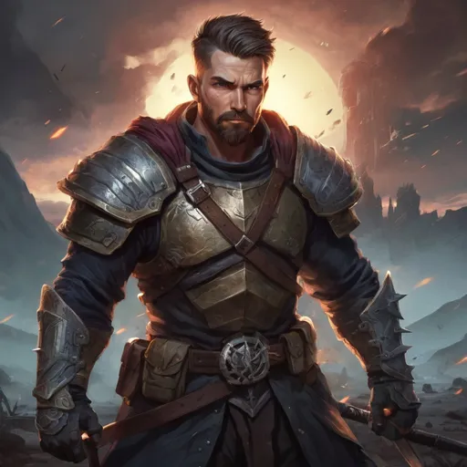 Prompt: Male stocky muscular ranger-warrior with short-cut hair and beard, in a battlefield at pitchblack night, pathfinder, d&d setting, in a realistic high quality digital art style, enhanced shadow quality, colorful