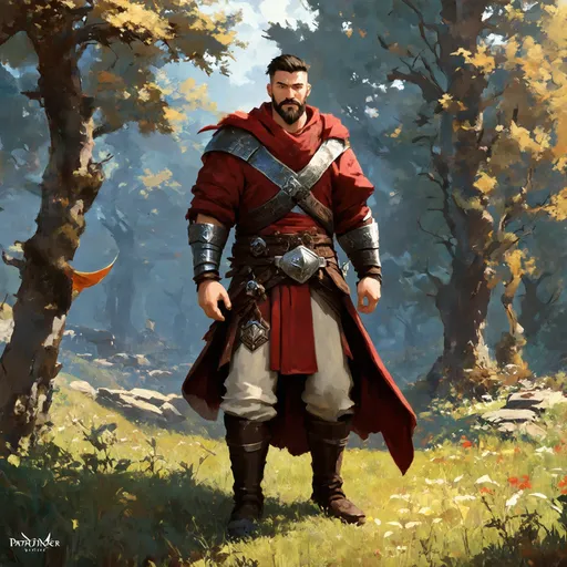 Prompt: (Full body) male warrior with short hair and beard, exploring a dark fantasy villiage by a forest, pathfinder, d&d setting, in a detailed digital art style