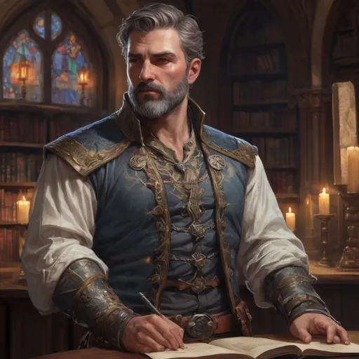 Prompt: (torso) Male stocky mature noble marksman, with short hair and beard, open shirt, hairy chest, in a dark library in a castle, pathfinder, d&d setting, in a realistic high quality digital art style, enhanced shadow quality, colorful