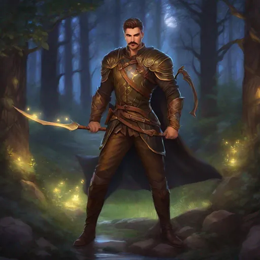 Prompt: (Full body) A male muscular arcane archer with short cut hair with a mustache and stubble manly face, pathfinger, magic swirl, visible chest, leather pants, holding magic, dungeons and dragons, brown boots, fantasy setting, standing in a forest glade at night, in a painted style realistic art