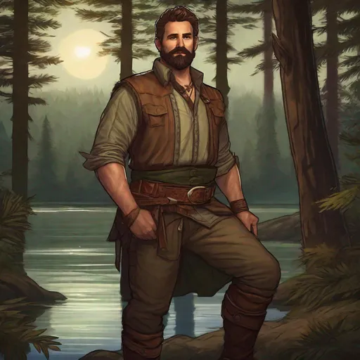 Prompt: (Fullbody) male large adult ranger manly face, brown short-hair short-bearded, thin shirt very hairy chest, heavy belt, brown boots, pathfinder, dungeons and dragons, dark forest by a lake at midnight, in a painted style, realistic