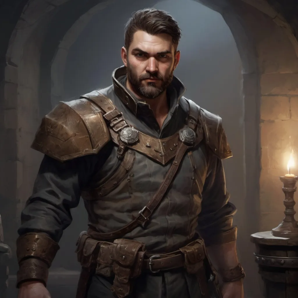 Prompt: Male stocky large royal spy with short-cut hair and beard, exploring a dark trasure room, pathfinder, d&d setting, realistic, enhanced shadow quality