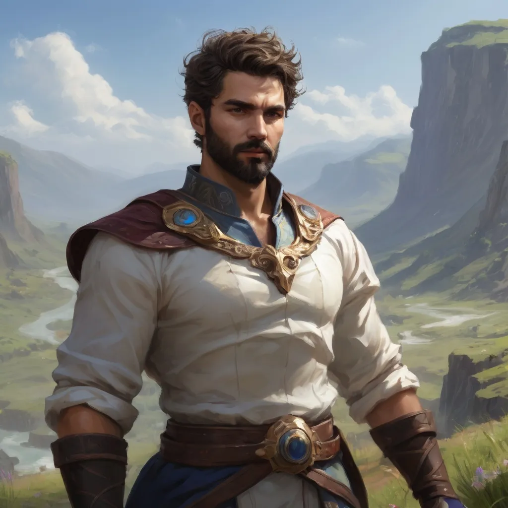 Prompt: male stocky heavy-set royal venezuelan stealth-mage with short-cut hair and beard, hairy chest, casting swirly bright spell, in windy valley, pathfinder, d&d setting, realistic high quality, enhanced shadow quality