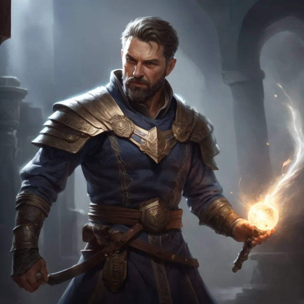 Prompt: Male stocky large mature fit battle-mage with short-cut hair and beard, engaged in combat casting a light spell in a dark room, pathfinder, d&d setting, realistic, enhanced shadow quality