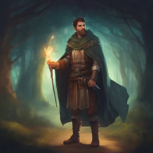 Prompt: (Full body) male stocky large magical druid with short-cut hair and beard, casting a magical healing spell, in nature in the dark, cloak, pathfinder, d&d setting, in a realistic digital art style