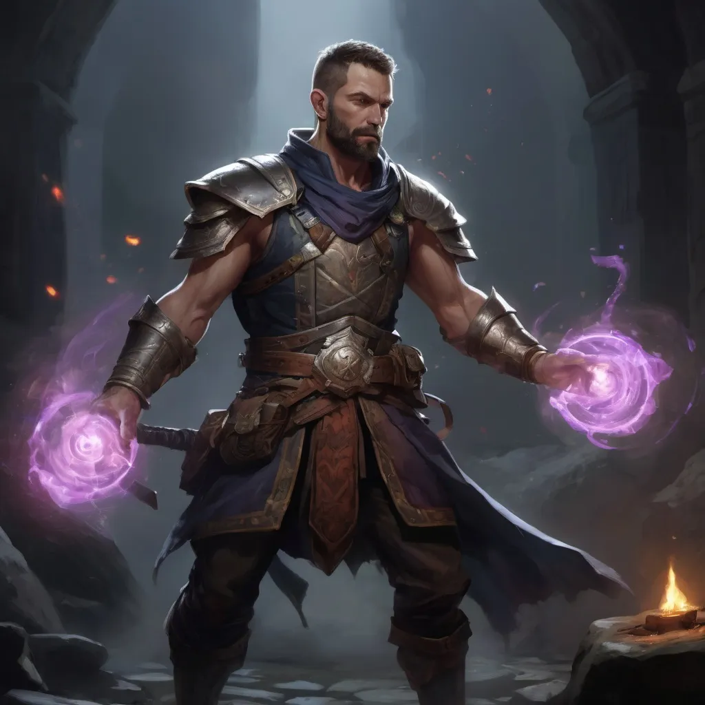 Prompt: (torso) Male stocky large mature handsome battle-mage with short-cut hair and beard, engaged in combat casting an arcane-spell inside of a dark dungeon, in movement, pathfinder, d&d setting, realistic, enhanced shadow quality, colorful