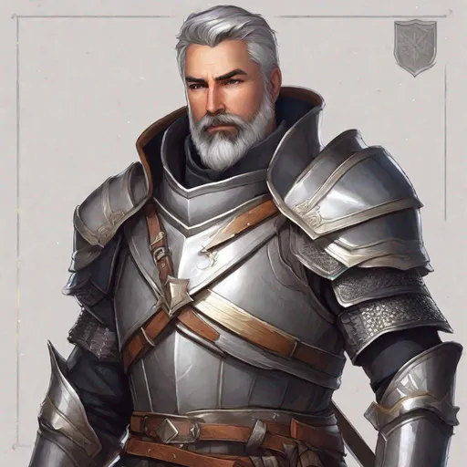 Prompt: A male knight with short dark-grey hair and beard, boots, pathfinder, in a detailed realistic digital art style