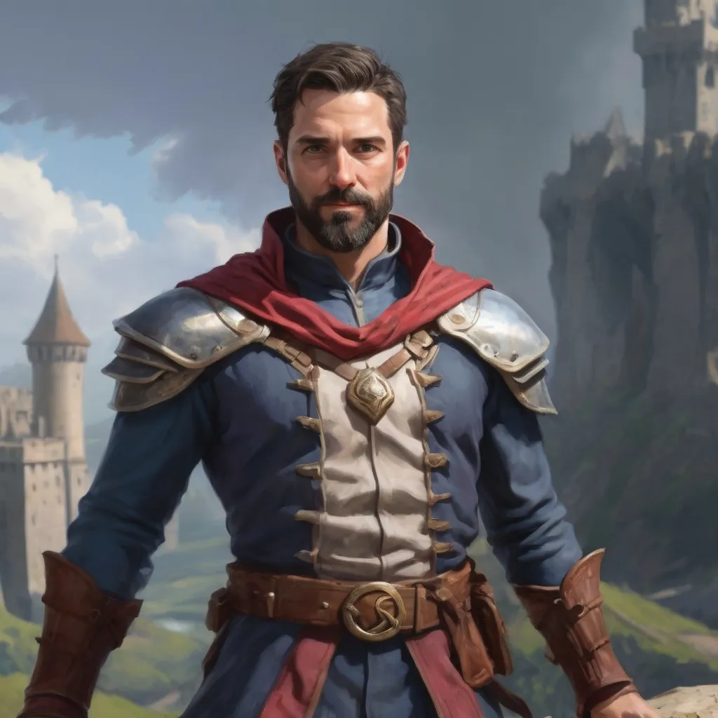 Prompt: Male 37-year old fit large royal spellcaster with short-cut hair and beard, in a windy castleground, pathfinder, d&d setting, enhanced shadow quality