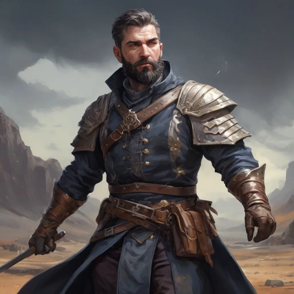 Prompt: Male stocky heavy-set argentinian royal magus with short-cut hair and beard, on a windy battlefield, pathfinder, d&d setting, in a realistic high quality digital art style, enhanced shadow quality