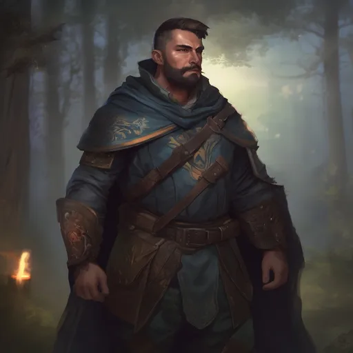 Prompt: (Full body) male stocky rogue with short-cut hair and beard, in nature at night pathfinder, d&d setting, in a realistic digital art style