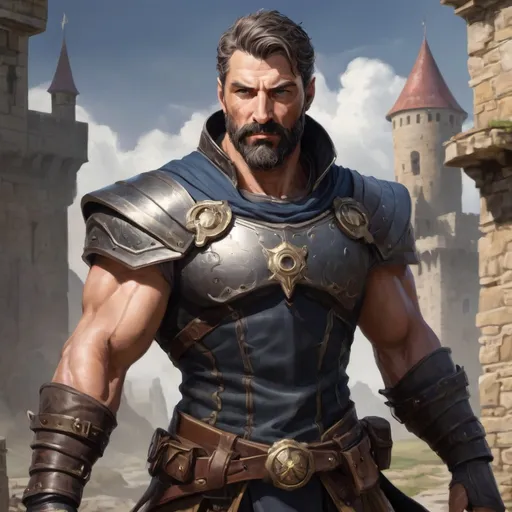 Prompt: Male heavy-set 42-year old muscular noble large sorcerer with short-cut hair and beard, in a windy castleground, pathfinder, d&d setting, enhanced shadow quality