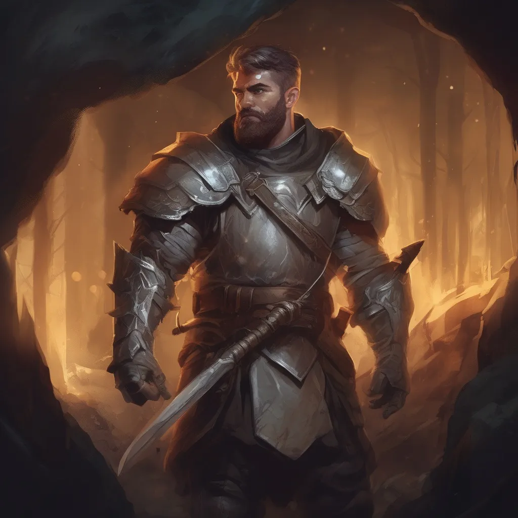 Prompt: (Full body) male handsome large muscular magical crusader with short hair and beard, outside of a cave by a forest at night, pathfinder, d&d setting, in a realistic high quality digital art style