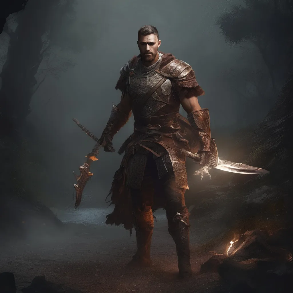 Prompt: (Full body) male handsome large muscular young albanian warrior with short hair and beard, outside of a cave by a forest at night, pathfinder, d&d setting, in a realistic high quality digital art style