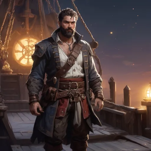 Prompt: (Full body) male stocky heavy-set pirate shaman with short hair and beard, on a ship by land at night, pathfinder, d&d setting, in a realistic high quality digital art style