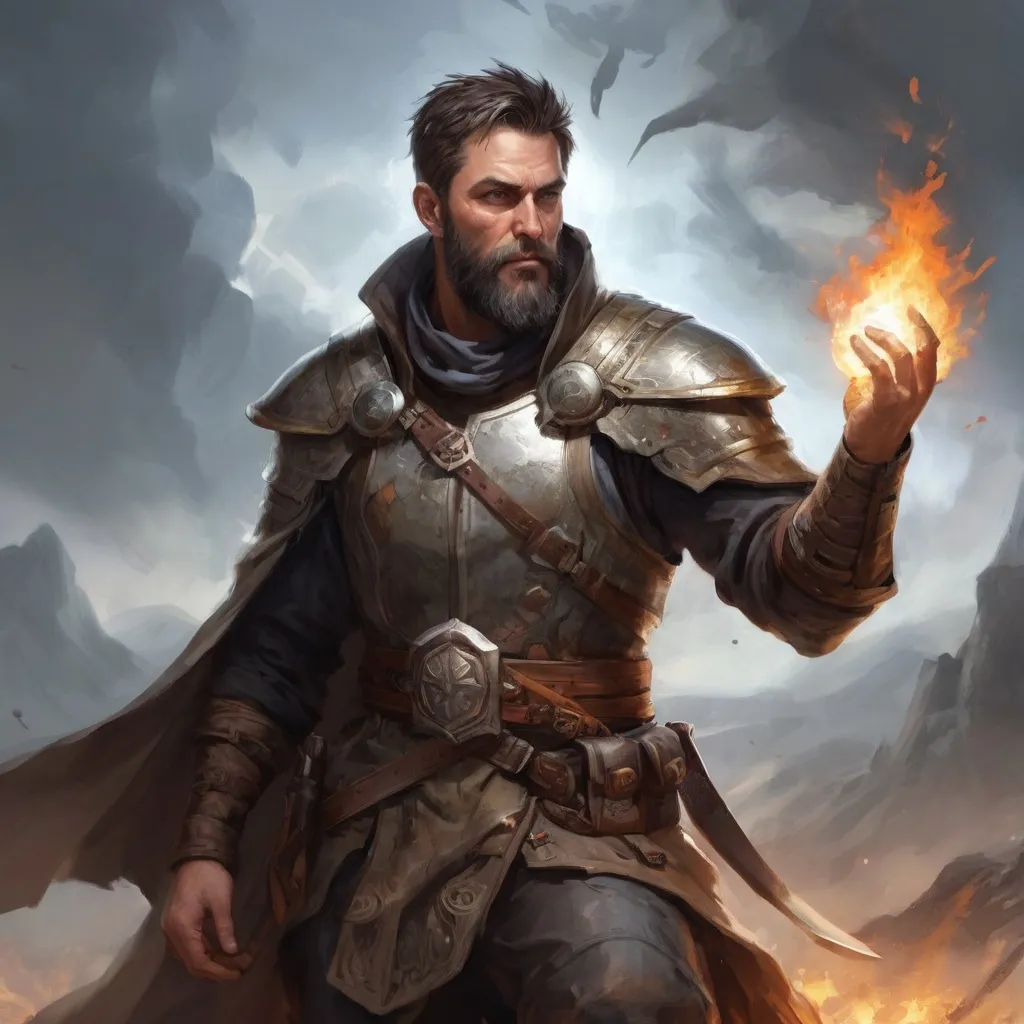Prompt: Male heavy-set mature fit Cleric with short-cut hair and beard, casting healing-magic out of hands on a wounded male warrior with short hair and a beard, in a windy battlefield, pathfinder, d&d setting, enhanced shadow quality