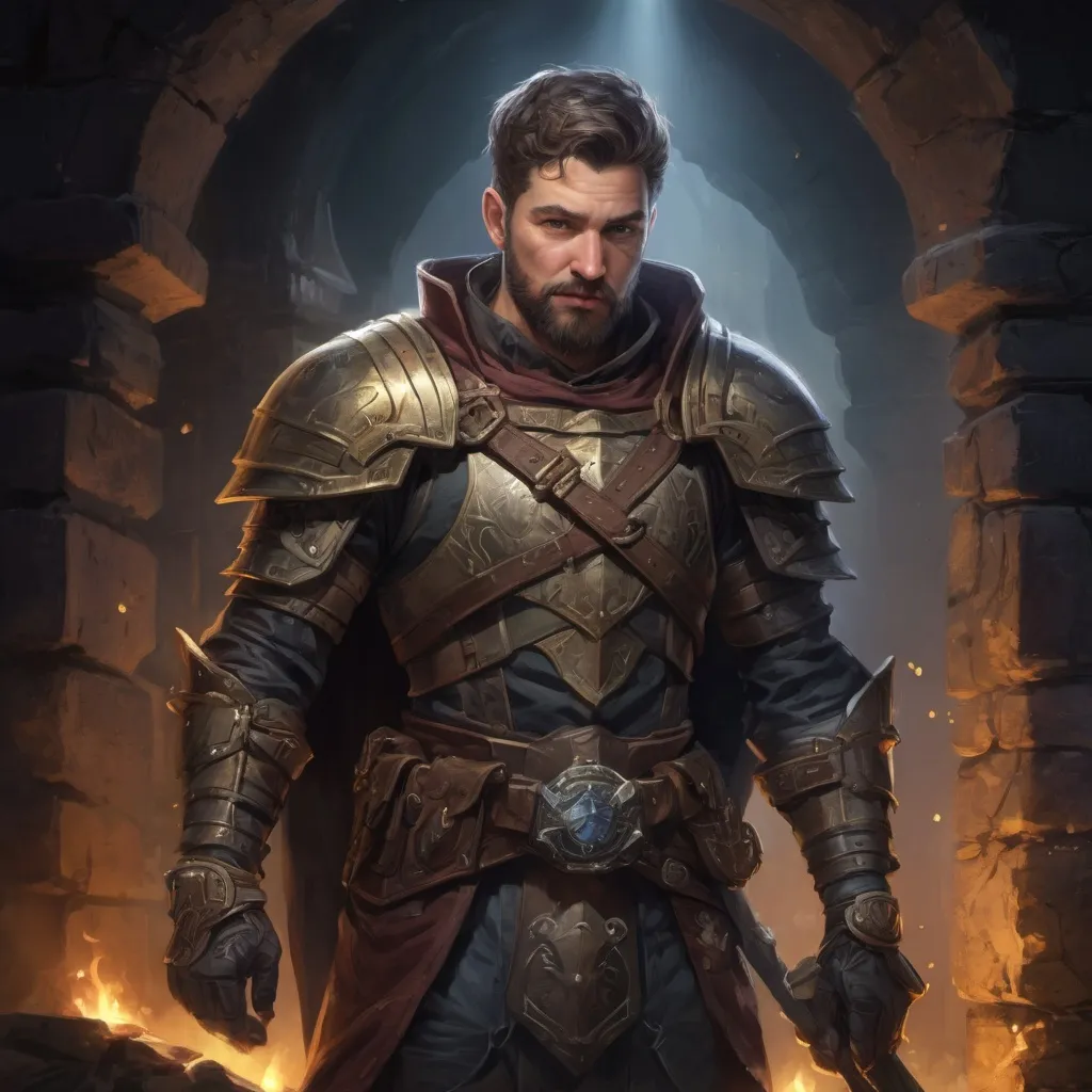 Prompt: Male stocky mature treasure-hunter with short-cut hair and beard, inside of a dungeon at night, wearing magical armour, pathfinder, d&d setting, in a realistic high quality digital art style, enhanced shadow quality