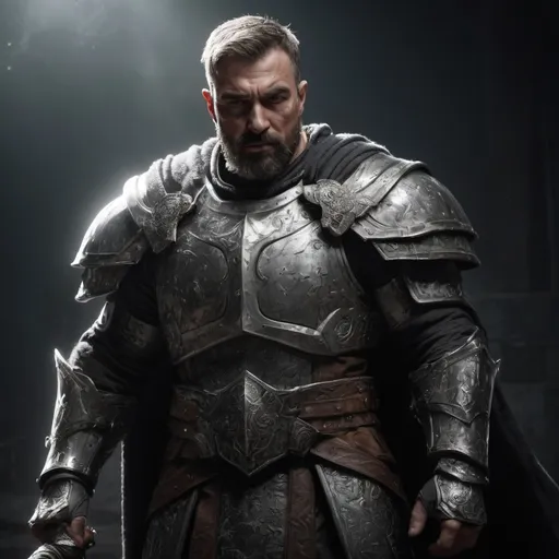 Prompt: Male stocky large mature muscular holy-crusader in armor with short-cut hair and beard, engaged in combat casting a white-light spell in a dark dungeon room, realistic, enhanced shadow quality