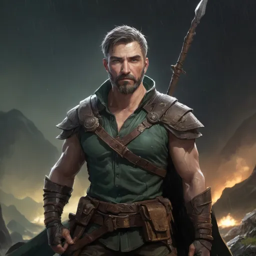 Prompt: (head and torso) Male muscular mature fantasy-ranger with short-cut hair and beard, (dark-green and dark-brown clothing), holding fantasy-weapon, in a mountain valley at night. in rain, in combat, pathfinder, d&d setting, in a realistic high quality digital art style, enhanced shadow quality
