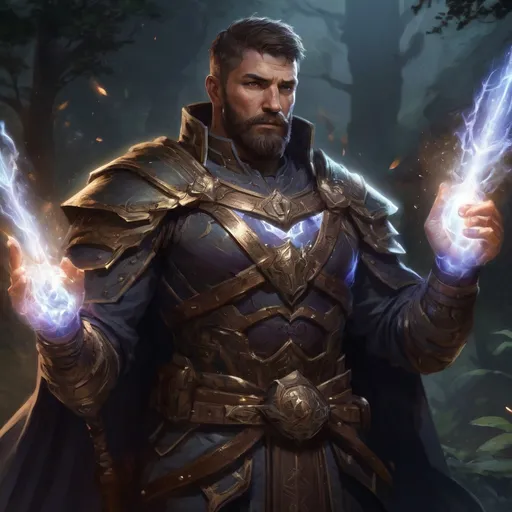 Prompt: Male stocky large muscular cleric with short-cut hair and beard, open shirt hairy chest, in combat casting a magic-ray out of hands in nature at night, pathfinder, d&d setting, in a realistic high quality digital art style, enhanced shadow quality, colorful