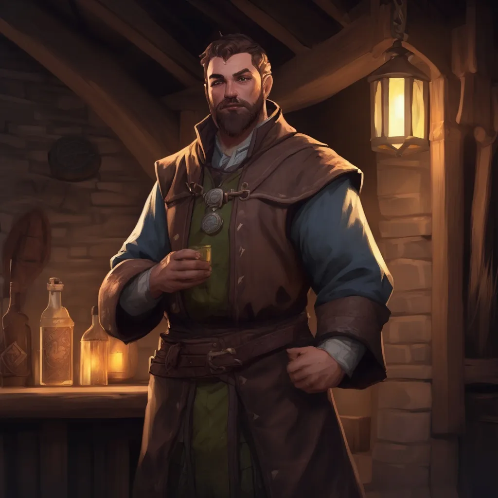 Prompt: (Full body) male thick manly cleric with short hair and beard, by a tavern at night, pathfinder, d&d setting, in a realistic digital art style