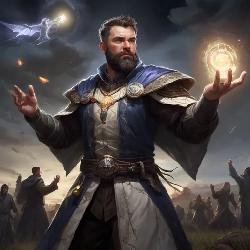 Prompt: Male stocky heavy-set cleric with short-cut hair and beard, casting a magical time-spell out of hands, on a batle field at night, pathfinder, d&d setting, in a realistic high quality digital art style, enhanced shadow quality