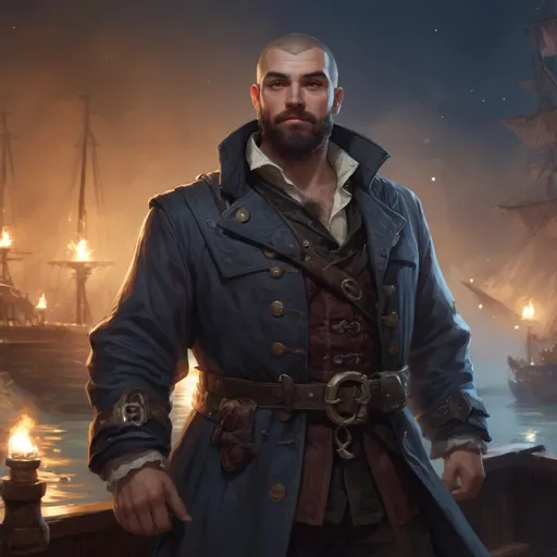 Prompt: male stocky heavy-built large fat pirate thief with short hair and beard, wearing magic coat, on a ship by land at night, pathfinder, d&d setting, in a realistic high quality digital art style