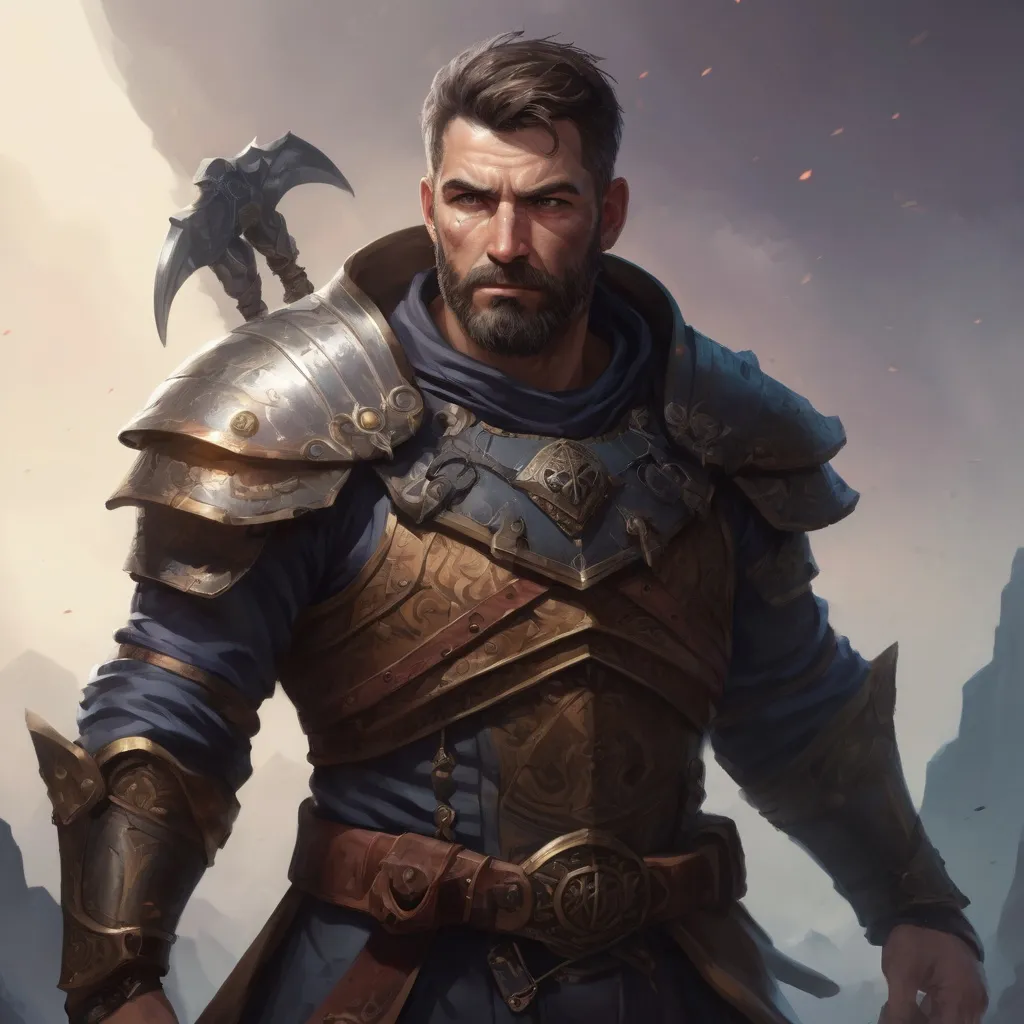 Prompt: Male stocky large mature warrior with short-cut hair and beard, exploring a dark astral dimention, pathfinder, d&d setting, in a realistic high quality digital art style, enhanced shadow quality, colorful