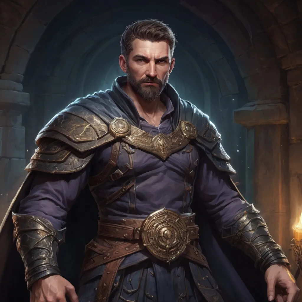 Prompt: Male stocky muscular mature magus with short-cut hair and beard, inside of a magical temple dungeon at night, surrounded by magic, pathfinder, d&d setting, in a realistic high quality digital art style, enhanced shadow quality