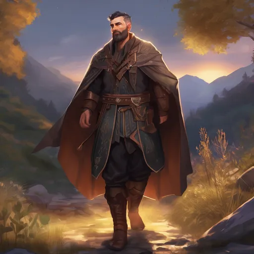 Prompt: (Full body) male stocky magical magus with short hair and beard, in nature in the evening, pathfinder, d&d setting, in a realistic digital art style