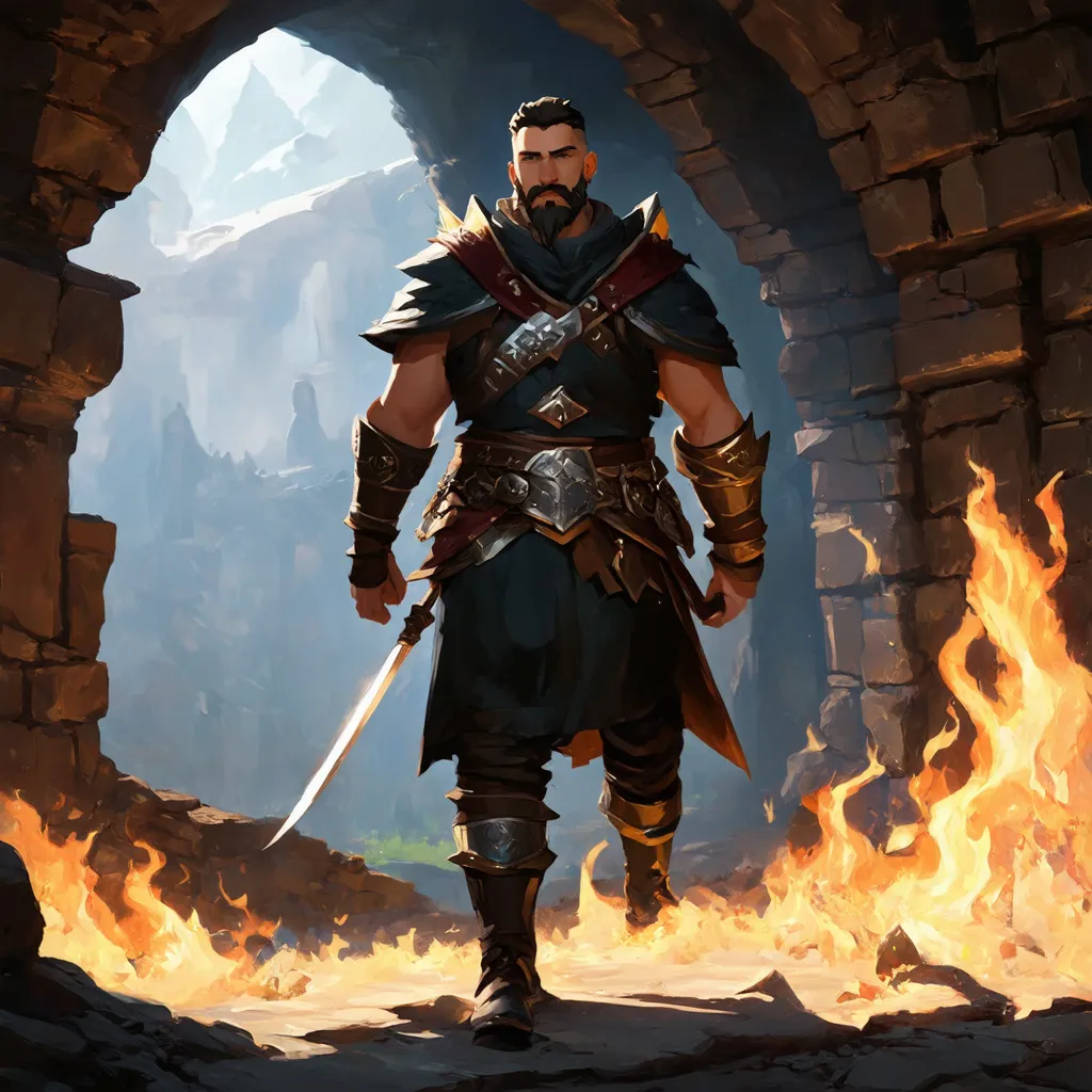 Prompt: (Full body) male warrior with short hair and beard, exploring a dark fantasy dungeon, pathfinder, d&d setting, in a detailed digital art style