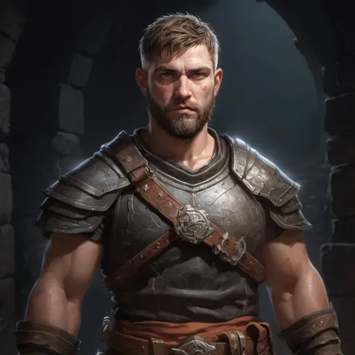 Prompt: Male stocky large warrior with short-cut hair and beard, exploring a dark dungeon, pathfinder, d&d setting, in a realistic high quality digital art style, enhanced shadow quality, colorful