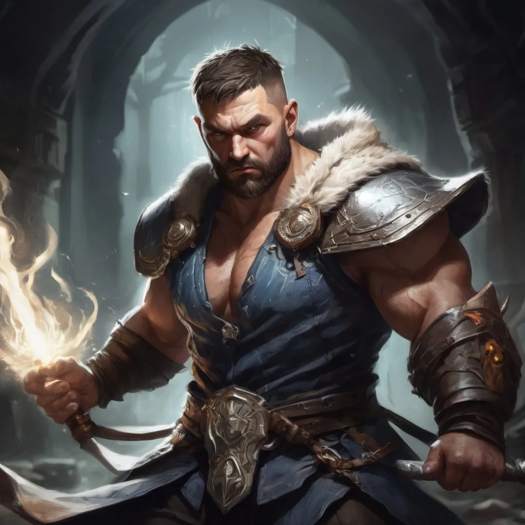 Prompt: Male stocky large muscular fat fantasy-druid with short-cut hair and beard, engaged in combat casting a white-light spell inside of a dark dungeon, pathfinder, d&d setting, in a realistic high quality digital art style, enhanced shadow quality, colorful