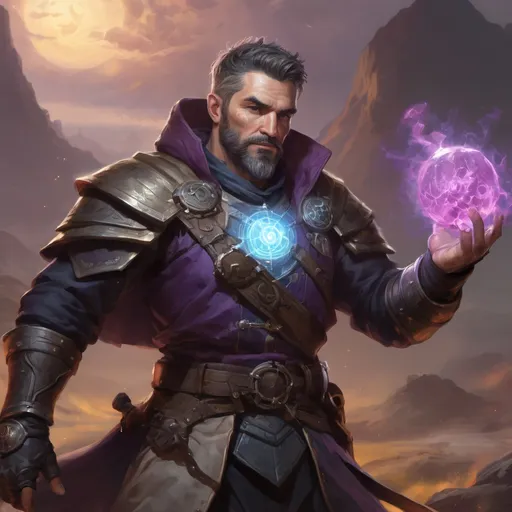 Prompt: Male stocky heavy-set mature arcane-alchemist with short-cut hair and beard, on a battlefield, in combat, holding a astral-bomb, pathfinder, d&d setting, in a realistic high quality digital art style, enhanced shadow quality, colorful