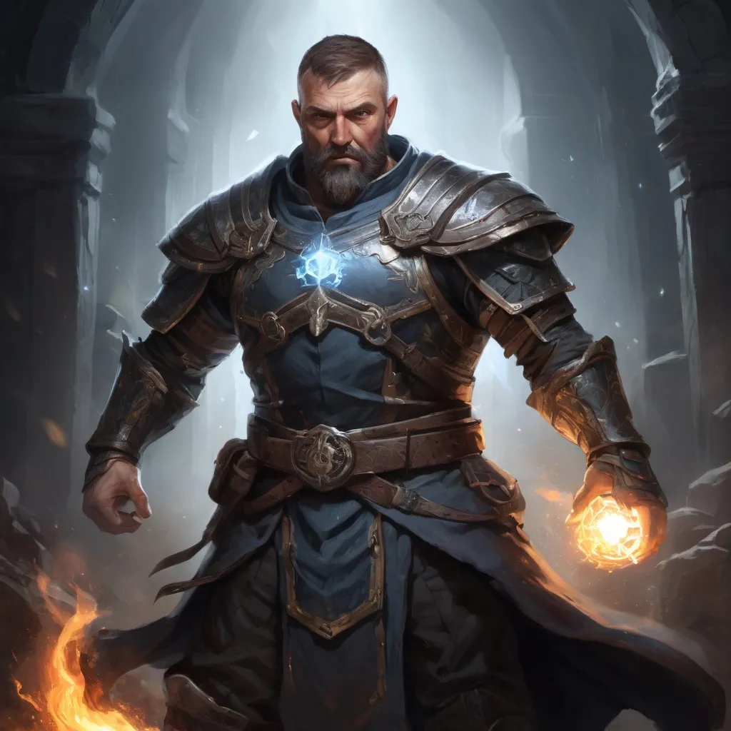 Prompt: (head and torso) Male stocky large mature muscular cleric with short-cut hair and beard, engaged in combat casting a prismatic-light spell inside of a dark dungeon, pathfinder, d&d setting, in a realistic high quality digital art style, enhanced shadow quality
