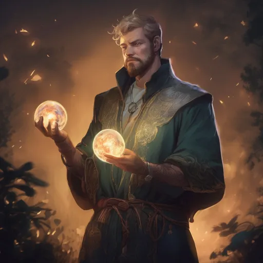 Prompt: (Full body) male manly stocky nature-mage with blonde short-cut hair and beard, casting a magical nature-spell, in nature at night, pathfinder, d&d setting, in a realistic digital art style