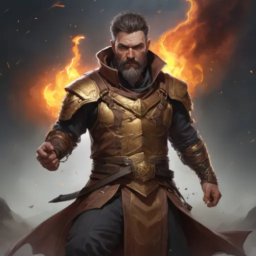 Prompt: Male stocky heavy-set mature illutionist with short-cut hair and beard, on a battlefield, in combat, casting a gold-spell, pathfinder, d&d setting, in a realistic high quality digital art style, enhanced shadow quality