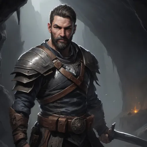Prompt: Male stocky large mature fit bandit with short-cut hair and beard, engaged in combat holding fantasy-weapon in a dark cave, pathfinder, d&d setting, realistic, enhanced shadow quality