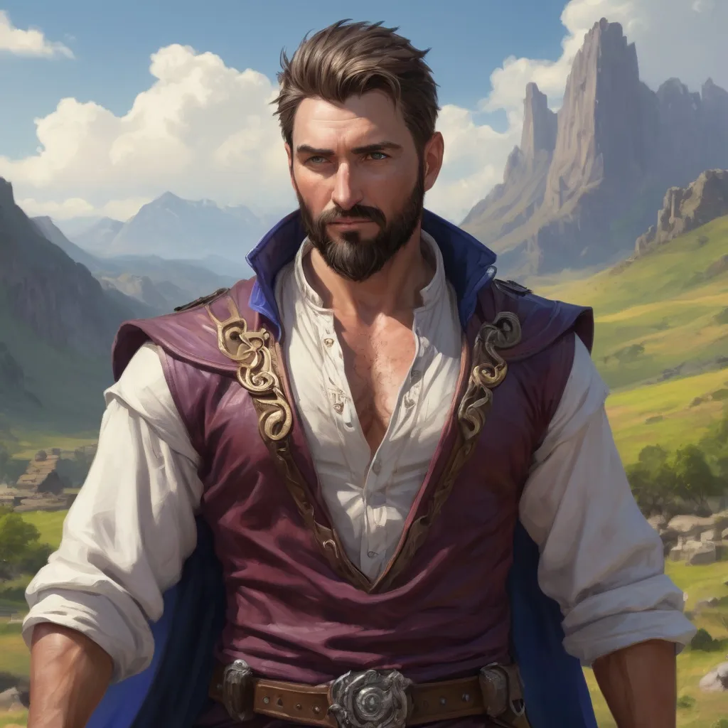 Prompt: male stocky heavy-set royal magus with short-cut hair and beard, open shirt hairy chest, casting swirly bright spell, in windy valley, pathfinder, d&d setting, realistic high quality, enhanced shadow quality