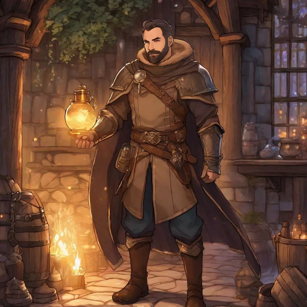 Prompt: (Fullbody) magical alchemist hairy manly face looks like johnny lee miller, short-hair, short-bearded, light mail-armour, belt (reagents magical bombs potions hanging on the belt), brown boots, cloak, pathfinder, dungeons and dragons, monocle, outside a tavern by the woods at night, holding a weapon, in a painted style, realistic