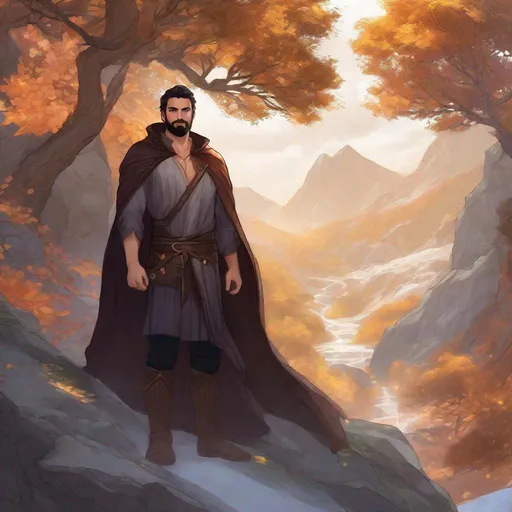 Prompt: (Full body picture) A male elemental mage with short-cut dark hair with bare hairy chest and short beard, no shirt, cloak, arcane magic around, manly, fantasy setting, dungeons and dragons, outside of forest by a mountain, in realistic digital art style