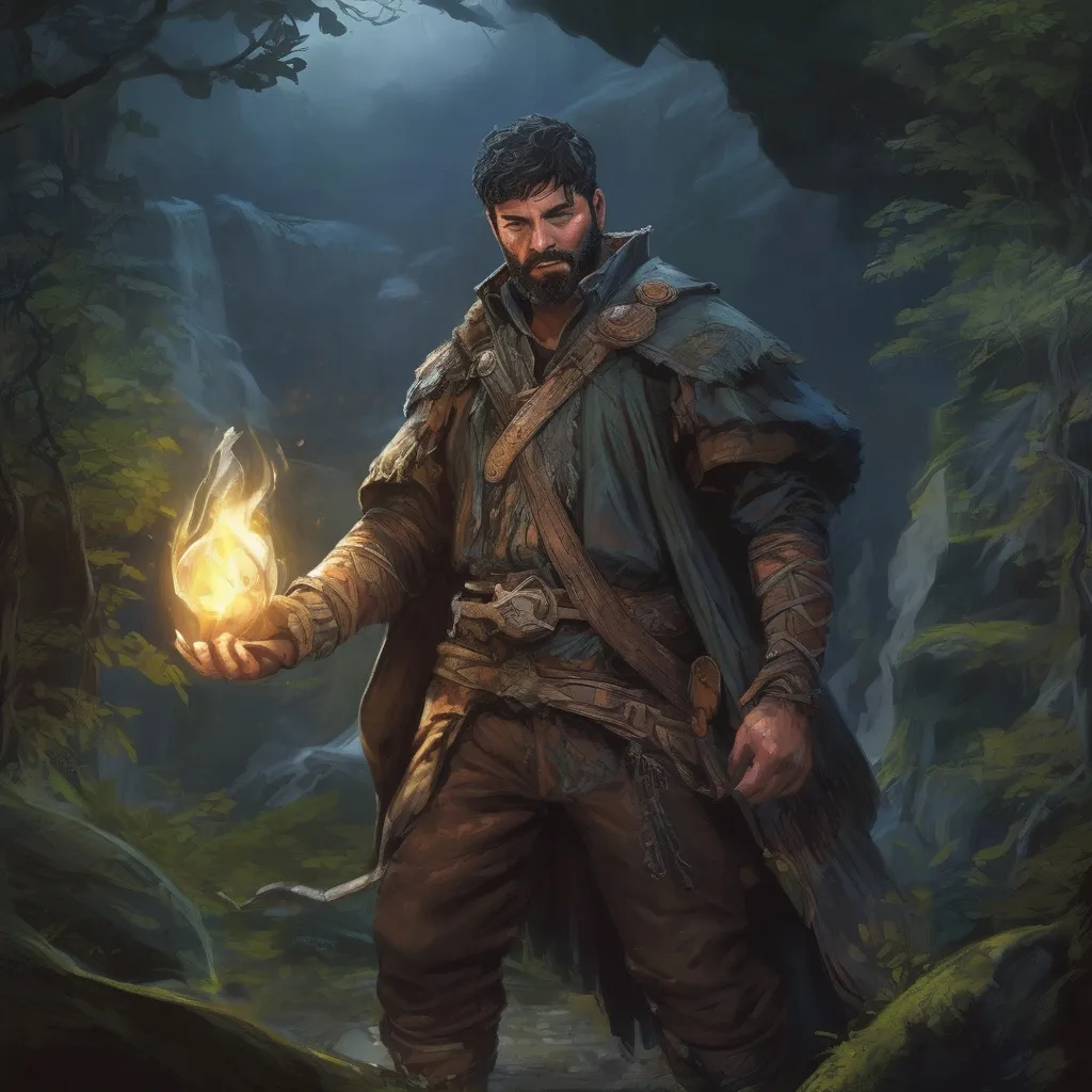 Prompt: (Full body) male beefy handsome arcane-hunter with short-cut black hair and beard, surrounded by swirly magic, in a forest cave at night pathfinder, d&d setting, in a realistic high quality digital art style